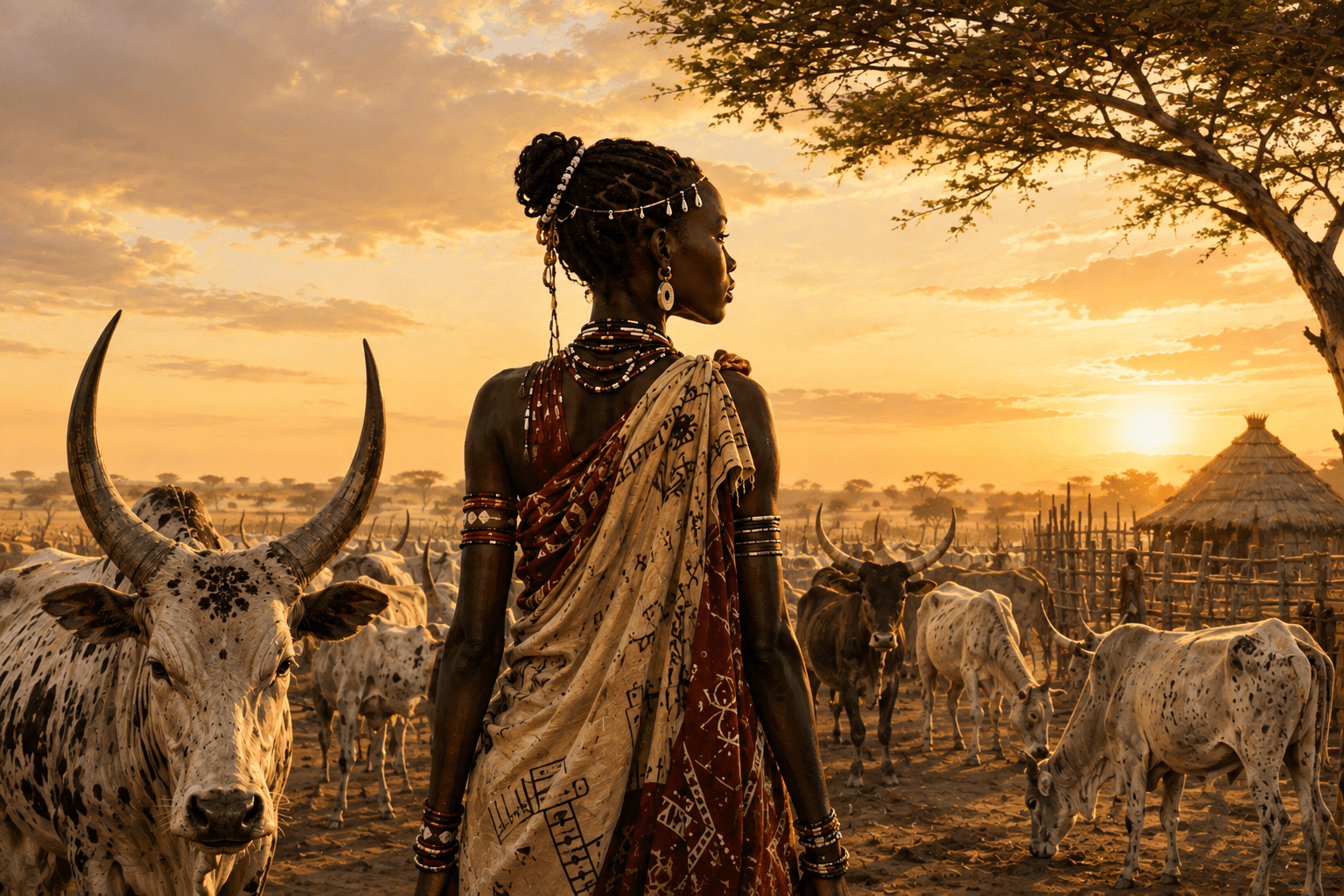 A young Dinka woman stands with her back to the viewer among a herd of long horned cattle in a rural homestead. She wears a patterned traditional wrap and beaded adornments, her hair styled in an intricate updo. Cattle surround her in the foreground and background, while a thatched hut and wooden enclosure sit beneath