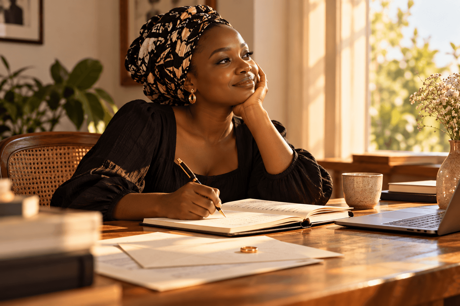 A woman wearing a black outfit and a black and gold patterned headwrap sits at a wooden desk, smiling thoughtfully as she writes in an open notebook. Papers, a gold ring, a laptop and a cup sit on the desk. Warm sunlight streams through a nearby window, with green foliage and flowers in the background.